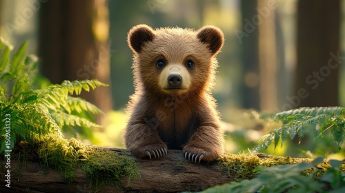 A cute bear cub sitting on a log, curious expression, surrounded by green ferns, soft lighting, warm natural tones 