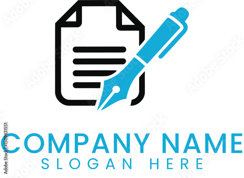 Blue Pen Writing on Document Icon Design ink job logo flat  