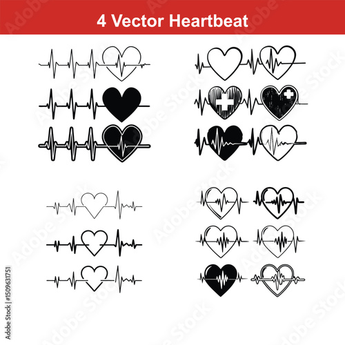 Heartbeat line collection with heart symbol, cardiology, medical pulse,heart bit line with heart icon set, Vector silhouettes heart rate,