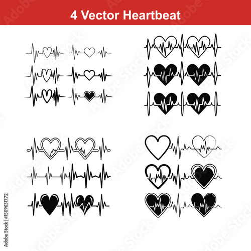 Heartbeat line collection with heart symbol, cardiology, medical pulse,heart bit line with heart icon set, Vector silhouettes heart rate,