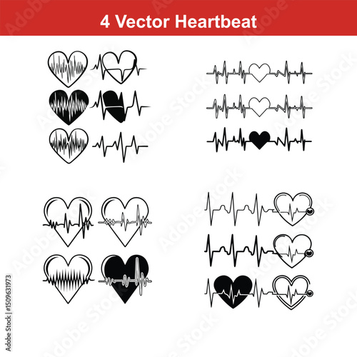 Heartbeat line collection with heart symbol, cardiology, medical pulse,heart bit line with heart icon set, Vector silhouettes heart rate,