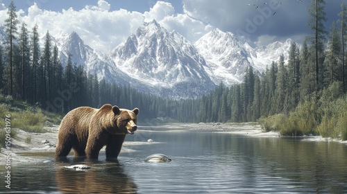 A grizzly bear standing in a shallow river, catching fish, smooth water reflections, vibrant nature colors, high detail 