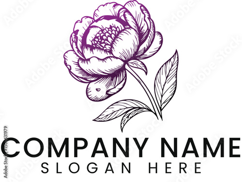 Elegant Purple Peony Floral Design Logo Vector art ink line 