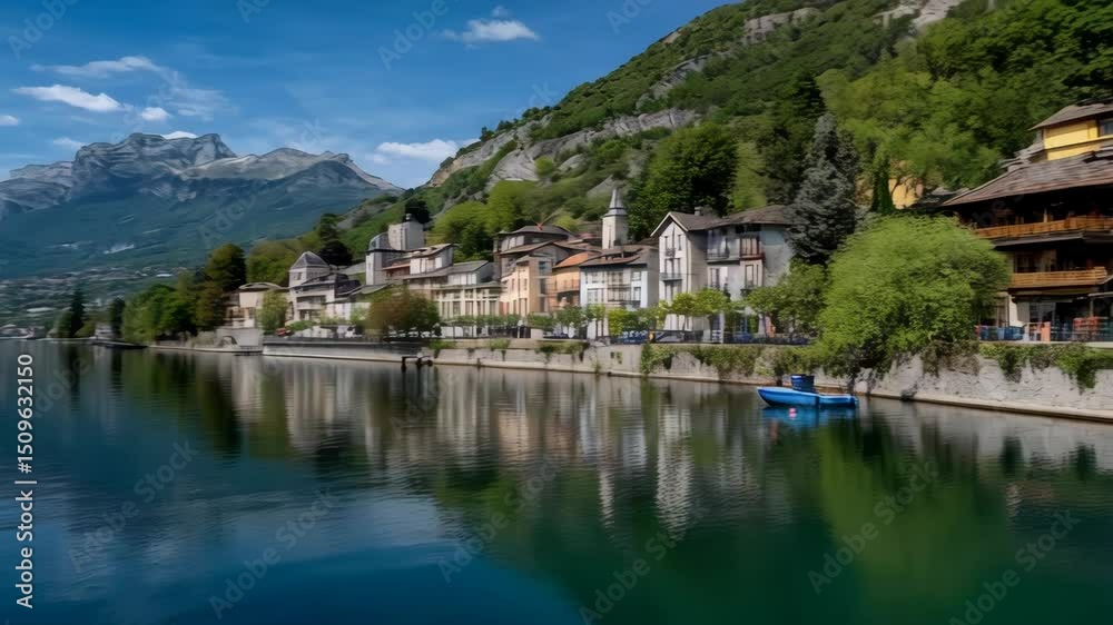 Scenic lakeside village surrounded by mountains with clear blue waters and reflections on a bright sunny day Scenic lakeside village surrounded by mountains with clear blue waters and reflections on a bright sunny day