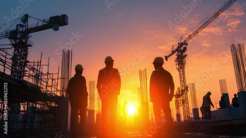 Wallpaper Mural Sunset Silhouette on the Construction Site: Workers stand in silhouette against the fiery backdrop of a sunset, with construction cranes and unfinished structures. Torontodigital.ca