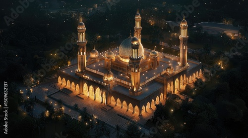 Illuminated mosque at night, viewed from above. photo