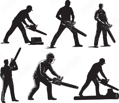 Man using chainsaw working tool silhouette vector illustration