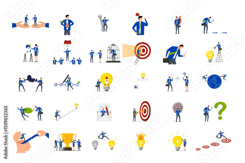 Business illustrations set. Collection of scenes with men and women taking part in business activities.