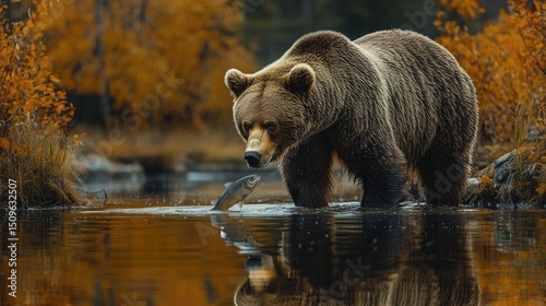 A grizzly bear standing in a shallow river, catching fish, smooth water reflections, vibrant nature colors, high detail 