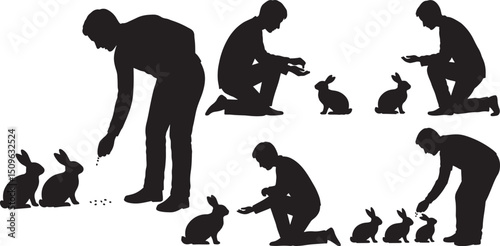 Man feeding rabbits animal care silhouette vector illustration