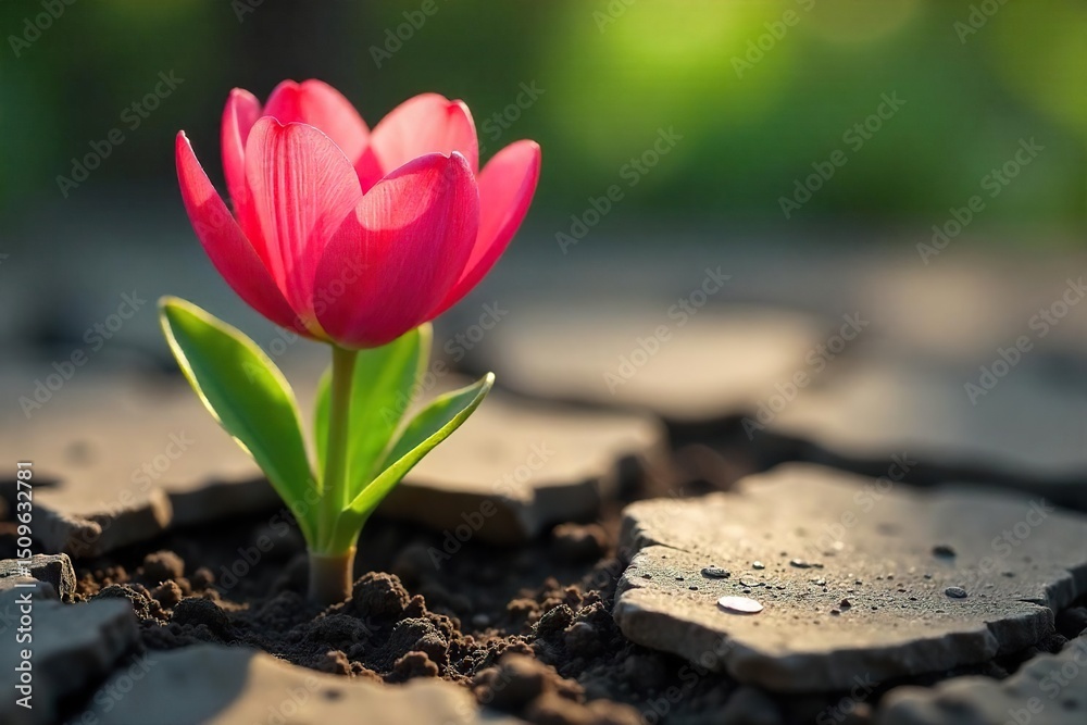 Obraz premium A vibrant close-up of a single, blossoming flower pushing through cracked earth, symbolizing rebirth and transformative growth , change, hope, future