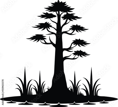 Bald cypress with knees silhouette, Cypress tree silhouette vector symbol