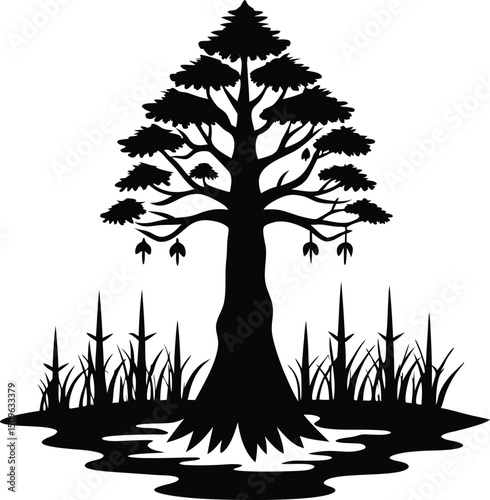 Bald cypress with knees silhouette, Cypress tree silhouette vector symbol