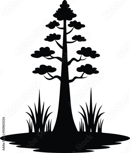 Bald cypress with knees silhouette, Cypress tree silhouette vector symbol