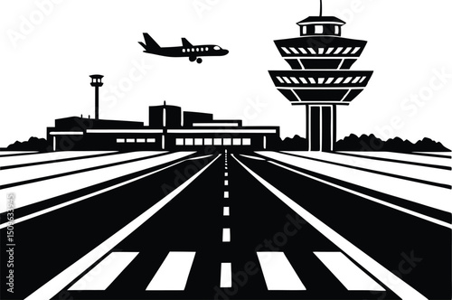 airport runway with taxiing aircraft control silhouette, This large aircraft taxis on the runway silhouette. vector design