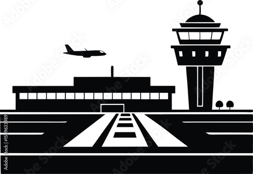 airport runway with taxiing aircraft control silhouette, This large aircraft taxis on the runway silhouette. vector design