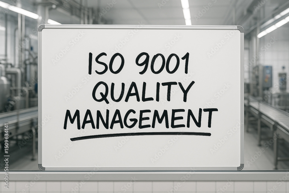 Handwritten ISO 9001 quality management text on board located in food manufacturing area with visible conveyor lines, representing internal communication of system compliance.. Handwritten ISO 9001 quality management text on board located in food manufacturing area with visible conveyor lines, representing internal communication of system compliance..