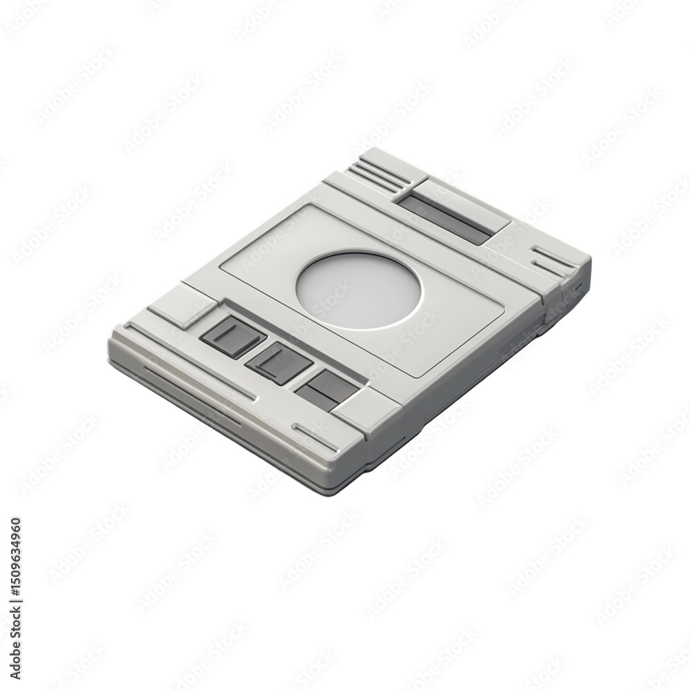 Fototapeta premium Isolated on white, a vintage black plastic audio cassette tape, an old music technology