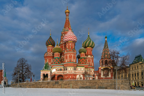 View of St. Basil's Cathedral (Cathedral of Vasily the Blessed) as viewed from Vasilyevsky Descent Square on a sunny winter day, Moscow, Russia