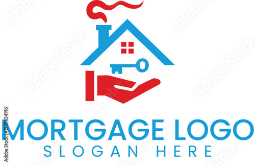 Home Key Mortgage Logo Design Red Blue House real icon loan 
