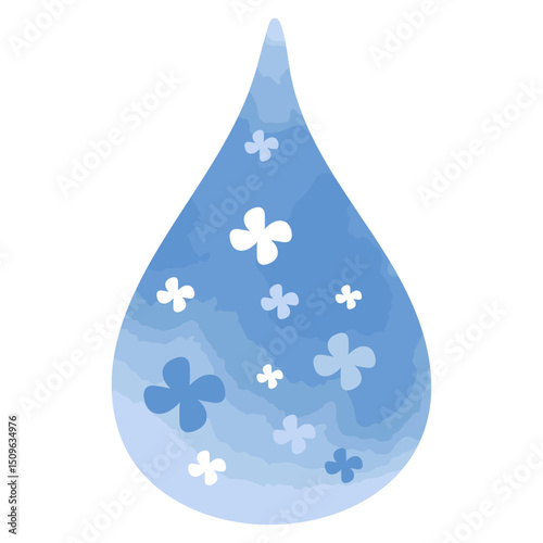 水彩タッチな花柄の青い水滴のイラスト