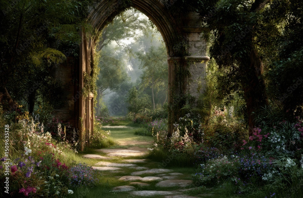 Fototapeta premium Stone Archway Path Garden Forest