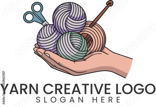 Hand Holding Colorful Yarn Balls Creative Logo art icon wool