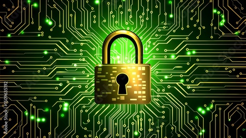 Wallpaper Mural Digital Security Concept: Golden Padlock on Circuit Board, Illustrating Cybersecurity, Data Protection, and Internet Safety. Torontodigital.ca