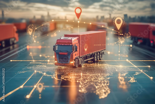 Global transportation and logistics concept with red cargo truck and location pin icons