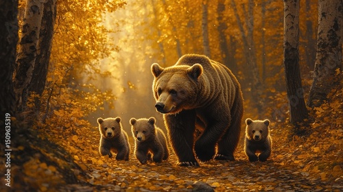 A mother bear walking with her cubs in an autumn forest, golden leaves, sunlight filtering through the trees, tranquil scene