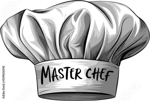 Master Chef Toque Hat Vector Illustration – Professional Chef Hat Design with 'Master Chef' Label, Minimalist Black and White Cooking Hat Graphic for Culinary Logos and Branding