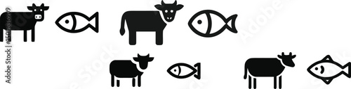 Vector Illustration Set Cow and Fish Icons

