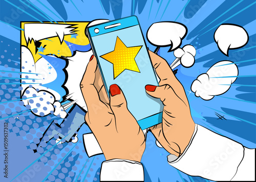 Cartoon Smartphone, comic book Telephone with Star. Retro vector comics pop art design.