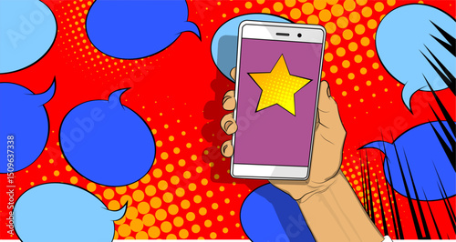 Cartoon Smartphone, comic book Telephone with Star. Retro vector comics pop art design.