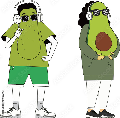 Avocado Characters Listening to Music