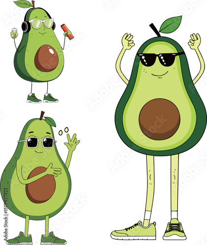 Cartoon Avocados with Sunglasses and Accessories
