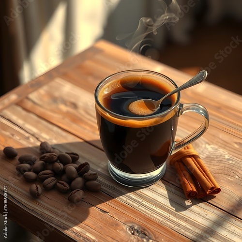 A steaming mug of rich, dark coffee, its surface shimmering with heat, sits on a worn wooden table.  The aroma of roasted beans, dark and bold, fills the air, mingling with the faint scent..