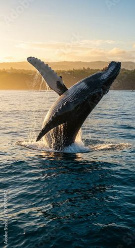 Humpback whale jumps in the ocean at sunset