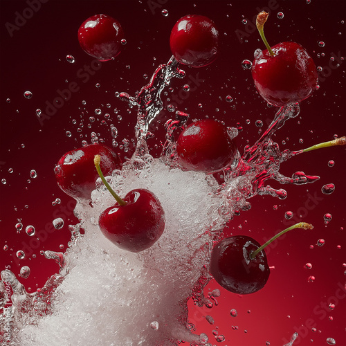 Red cherries plunge into water, creating a dynamic splash against a deep red background, showcasing their freshness and vibrant appearance