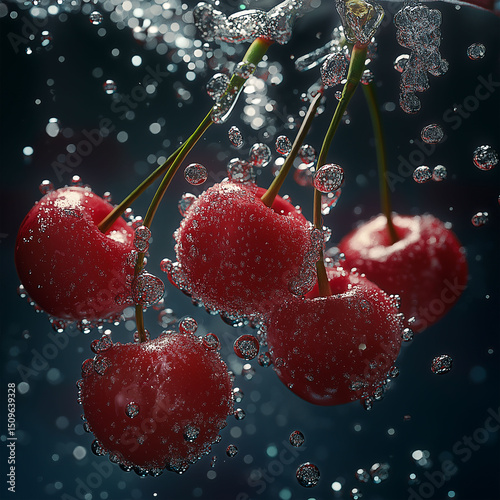 Red cherries plunge into water, creating a dynamic splash against a deep red background, showcasing their freshness and vibrant appearance