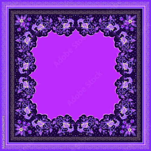 Boho scarf pattern with fabulous birds, berries, paisley and tiny flowers, ornamental frame and bright purple center. Beautiful print for tablecloth, carpet, bandana in vintage oriental style.