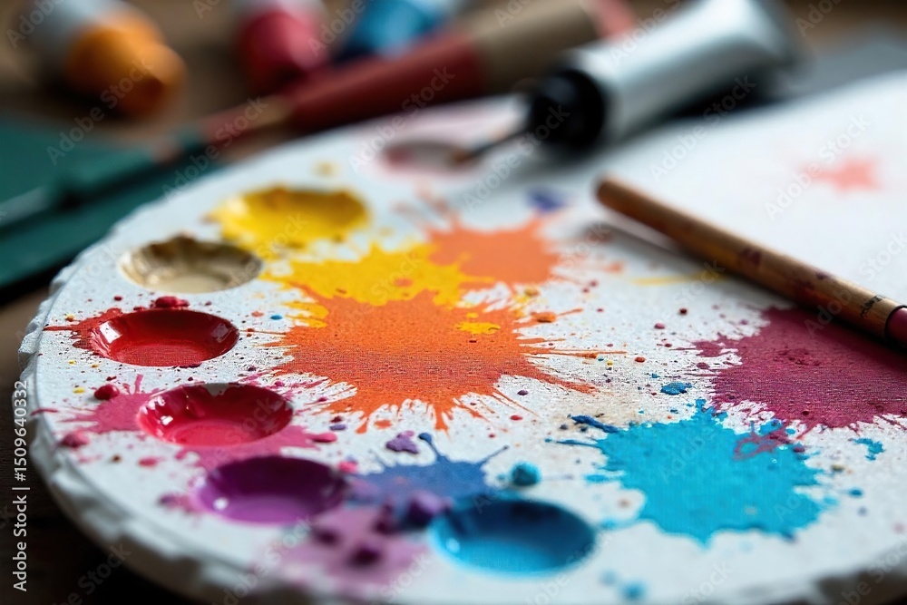 Fototapeta premium A paint-splattered palette sits beside tubes of vibrant acrylic paints, brushes, and a canvas Ready for the next masterpiece The scene evokes creativity and artistic expression , still life, artwork