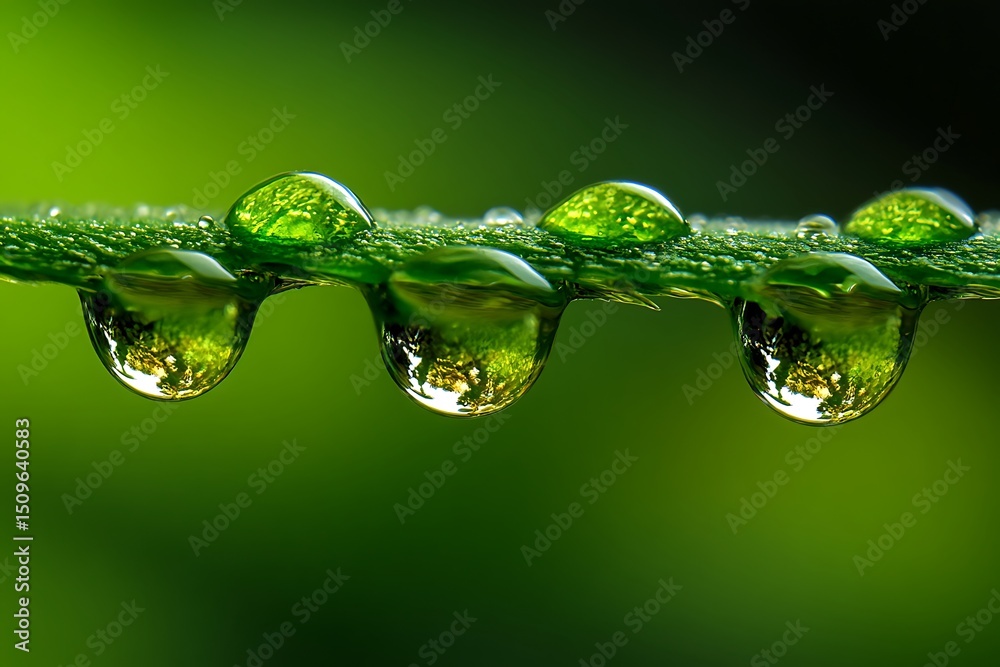 Water droplets on a vibrant green leaf reflecting the surroundings Water droplets on a vibrant green leaf reflecting the surroundings
