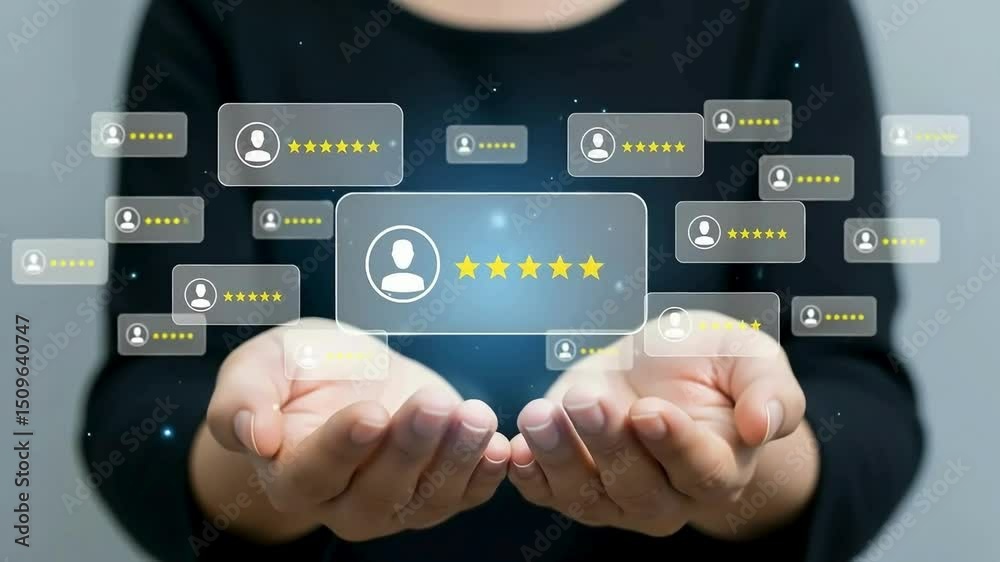 Customer review good rating concept, hand pressing user and five star icon on visual screen for positive customer feedback, testimonial and testimony, user comment and feedback for review.