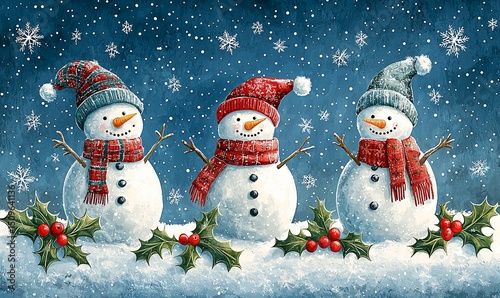 Three cheerful snowmen in winter scene (2)