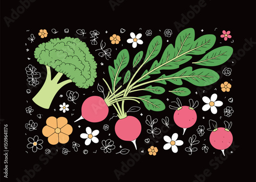 Broccoli and Radishes with Floral Accents