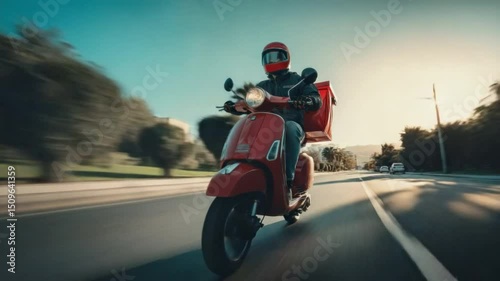 Speedy Delivery: A person on a red scooter speeds along an open road, with a delivery bag fixed on the back of scooter against a backdrop of nature.