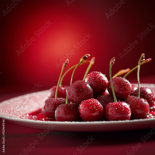 Cherries on a clay plate. Sweet cherries on a wooden board. Red berries in drops of water on a red napkin. Rustic style. Copy space
