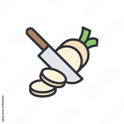 Sliced Daikon Radish Vegetable With Knife Ready For Cooking