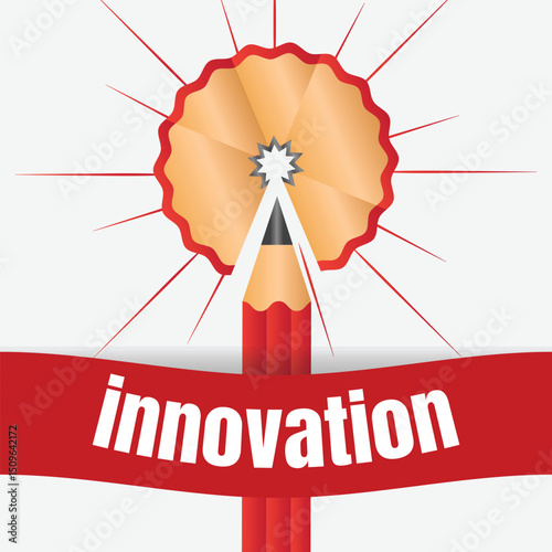 Innovation Unleashed: A creative, abstract illustration symbolizing innovation, featuring a sharpened pencil, the word "innovation" banner, and artistic design to represent ingenuity and new ideas.